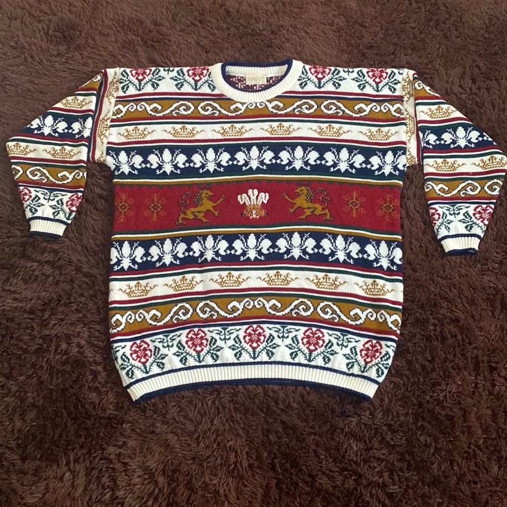 Vintage Grandpa Sweater Embroidered Crewneck ICH DIEN Natural Made in England